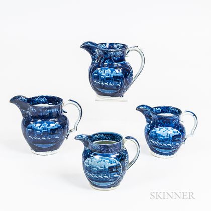 Four Staffordshire Historical Blue Transfer-decorated "Landing of Lafayette" Jugs