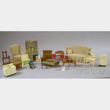 Group of 20th Century Wood and Tin Dollhouse Furniture and Accessories. 