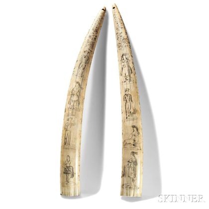 Pair of Scrimshaw Walrus Tusks