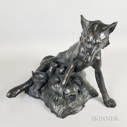 Large Forest Hart (American, Late 20th Century) Bronze Sculpture of a Wolf and Cubs