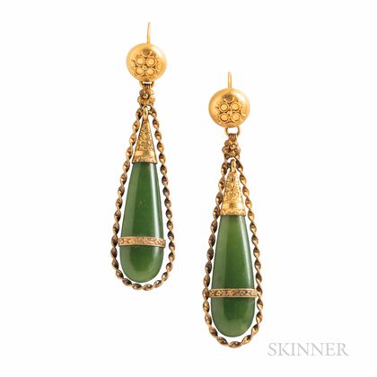 Antique Gold and Nephrite Jade Earrings