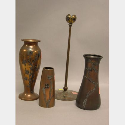 Three Arts & Crafts Silver Overlaid Copper Vases and a Candlestick