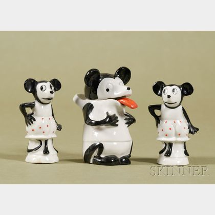 Three Japanese Porcelain Mickey Mouse-type Condiment Dispensers