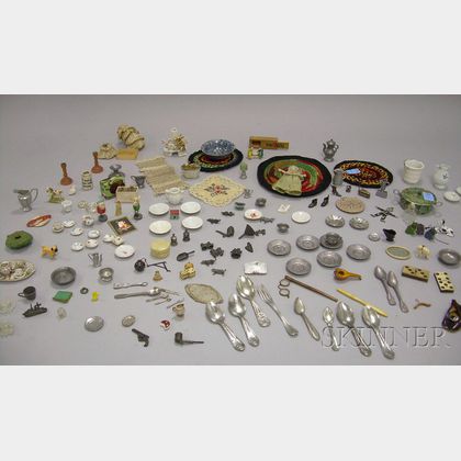 Group of 19th and 20th Century Porcelain and Metal Dollhouse Tableware and Accessories. 