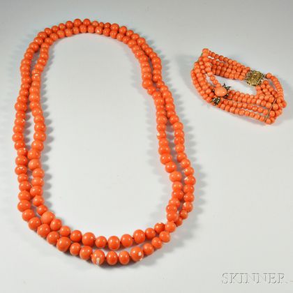 Coral Bead Necklace and Four-strand Coral Bead Bracelet