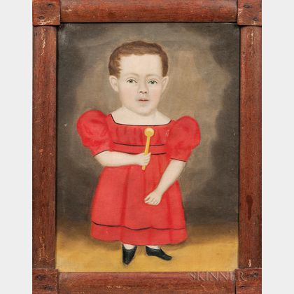 Erastus Salisbury Field (Massachusetts/New York, c. 1805-1900) Portrait of a Dwarfed Boy in a Red Dress Holding a Rattle