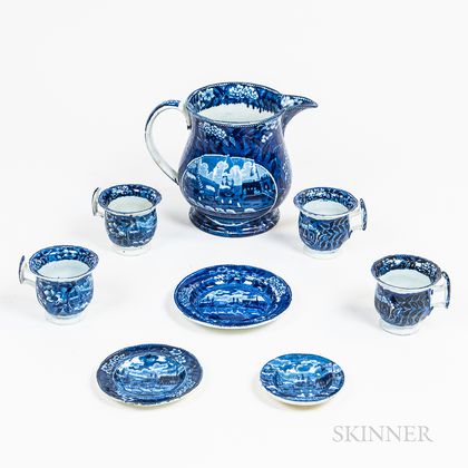 Eight Staffordshire Historical Blue Transfer-decorated "Landing of Lafayette" Table Items