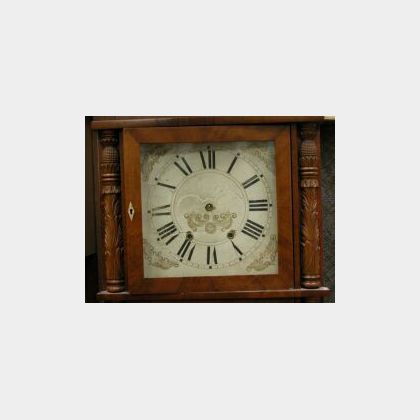 Classical Carved Mahogany and Mahogany Veneer Triple Shelf Clock, labeled Elisha Hotchkiss Jr., flat overhanging cornice above glazed c