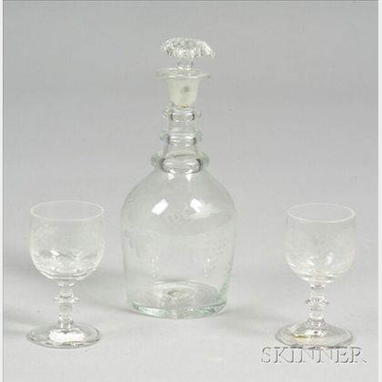 Small Colorless Blown Molded Glass Decanter with Two Wines