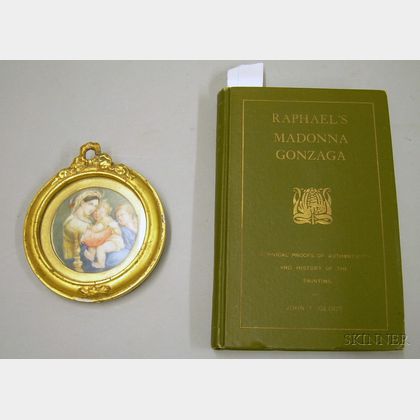 Miniature Circular Giltwood Framed Portrait on Ivory Depicting Madonna and Child and a Book Raphael's Madonna Gonzaga