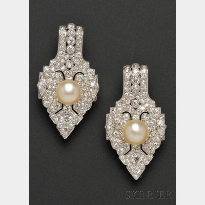 Pair of Platinum, Diamond, and Pearl Brooches