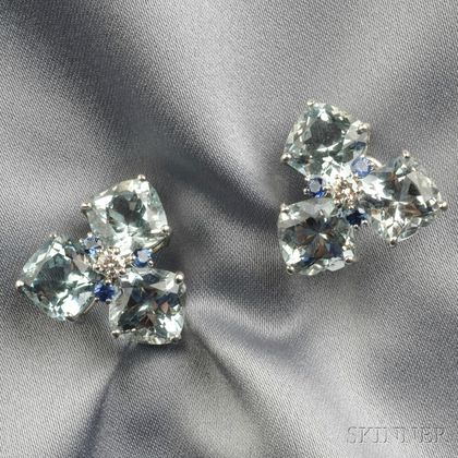 18kt White Gold, Aquamarine, Sapphire, and Diamond Earclips, Janet Mavec