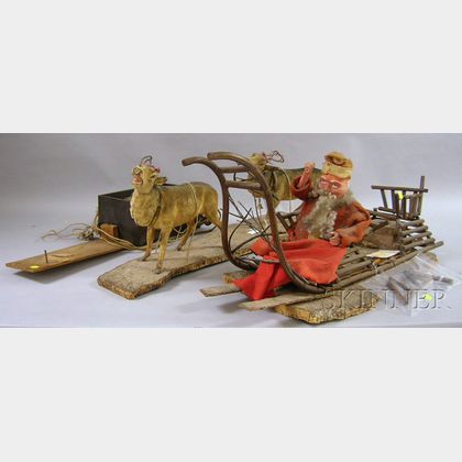 German Papier-mache Automaton of Santa in a Sleigh Drawn by Two Reindeer