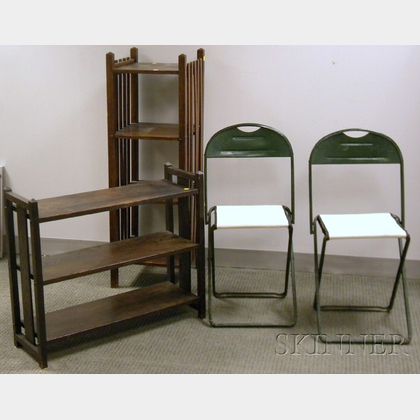 Art & Crafts Oak Slat-sided Four-Tier Stand, Three-Tier Book Shelf, and a Pair of Vintage Painted Metal Folding Chairs with Canvas Seat