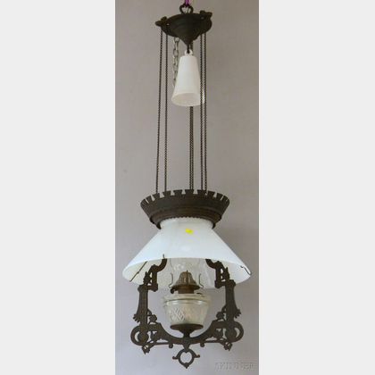Bradley & Hubbard Victorian Black-painted Cast Iron and Blown Molded Milk Glass Hanging Kerosene Lamp. 