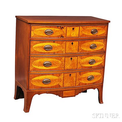 Federal-style Inlaid Mahogany and Satinwood Veneer Bow-front Chest of Drawers