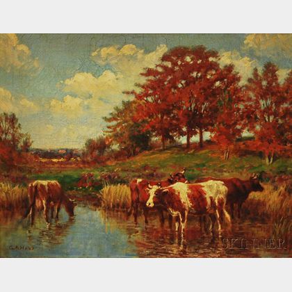 George Arthur Hays (American, 1854-1945) Cows Watering in an Autumn Landscape