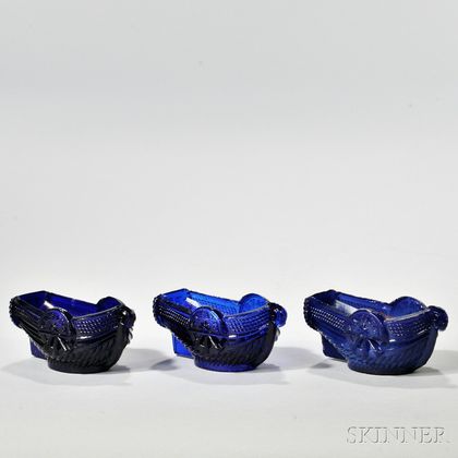 Three Blue Pressed Glass Boat Pattern Open Salts