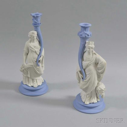 Pair of Modern Wedgwood Ceres and Cybele Jasper Candlesticks