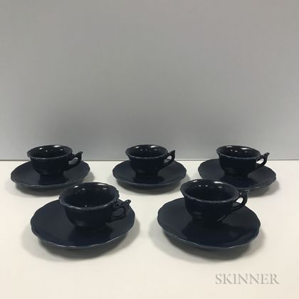 Set of Five Small Cobalt Blue-glazed Teacups and Saucers