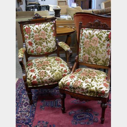Two Renaissance Revival Upholstered Carved Walnut Parlor Chairs. 