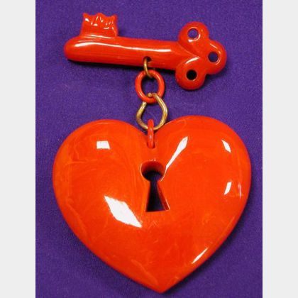 Bakelite Heart and Key Brooch