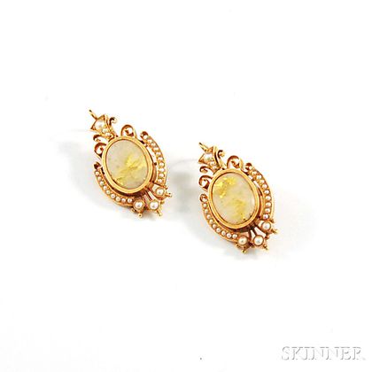 Pair of Antique-style 14kt Gold, Goldstone, and Seed Pearl Earrings