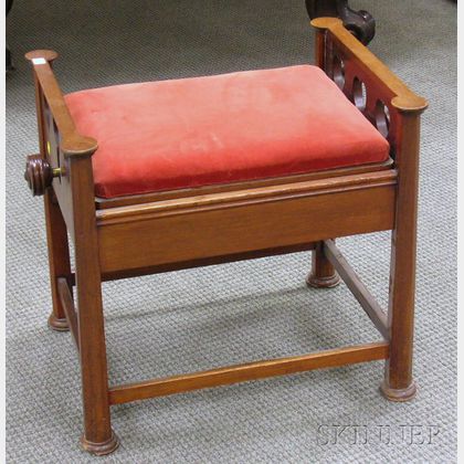 English Arts & Crafts Upholstered Adjustable Mahogany Piano Bench with Heart Cutouts
