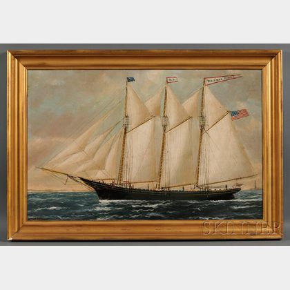 William P. Stubbs (American, 1942-1909) Portrait of the Three-masted Schooner BESSIE ROSE with Distant Lighthouse. DSigned [W] P ... 