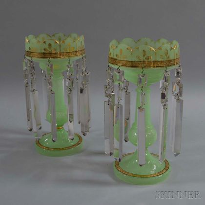 Pair of Green Opaline Glass Lustres with Cut Prism Pendants