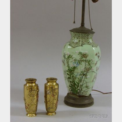 Chinese Floral Decorated Celadon Glazed Vase/Table Lamp and a Pair of Japanese Mixed Metal Vases. 
