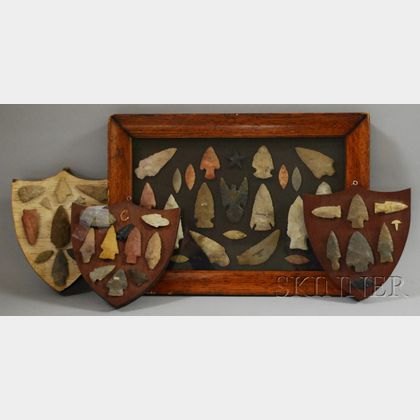 Four Native American Arrowhead Mounted in Display Cases. 