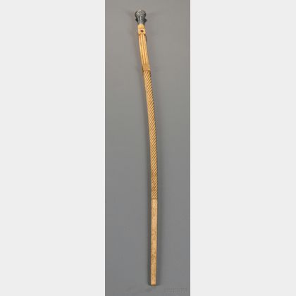 Carved Whalebone and Engraved Metal Walking Stick