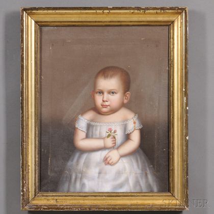 Attributed to Horace Bundy (American, 1814-1883) Portrait of a Baby Girl Wearing a White Gown and Holding a Pink Rose.