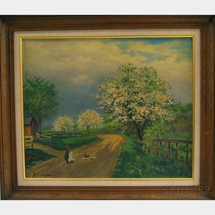 Paul Dartiguenave (Franco-American, 1862-1918) Two Works: Mother and Child on a Path by Spring Blossoms