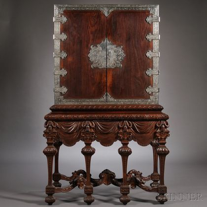 Dutch Colonial Late Baroque-style Silver-mounted Hardwood Cabinet on Stand
