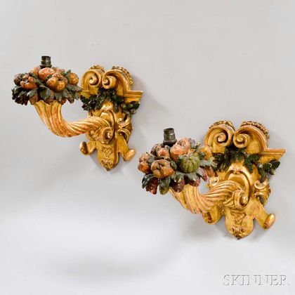 Pair of Carved, Gilt, and Painted Cornucopia Wall Sconces