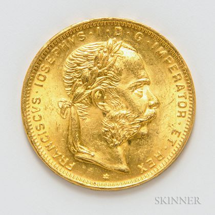 1892 Austrian 8 Florin 20 Francs Gold Coin, KM2269