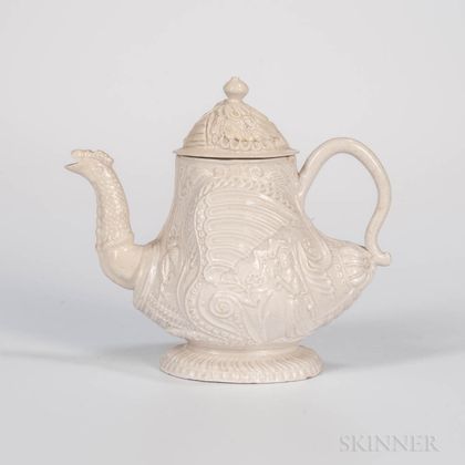 Staffordshire White Salt-glazed Stoneware Slip-cast Chimera Teapot and Cover