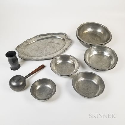 Twelve Pieces of English and Continental Pewter Tableware