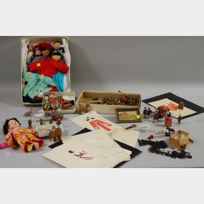 Group of Asian Dolls, Doll Costume Illustrations, Small Figures, and Toys. 
