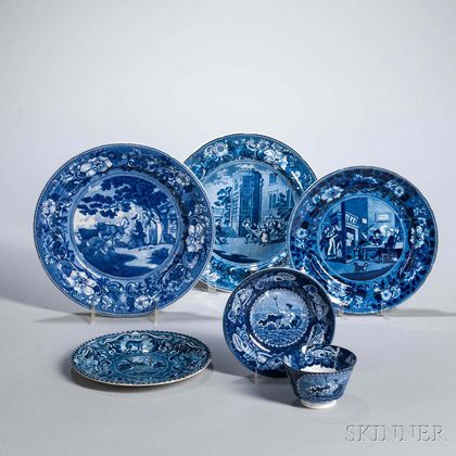 Five Staffordshire Historical Blue Transfer-decorated Table Items