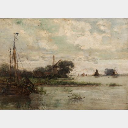 American School, 19th/20th Century Marshy Coast with Windmill and Vessels