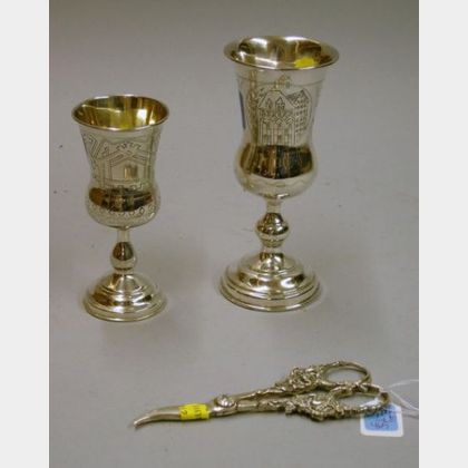 Two Sterling Silver Kiddush Cups and a Pair of Sterling Silver Grape Shears. 
