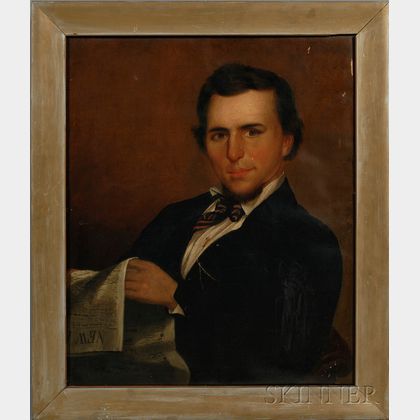 American School, 19th Century Portrait of Gentleman Holding a Newspaper.
