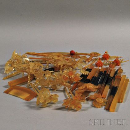 Group of Amber Resin Comb and Kanzashi Hairpins