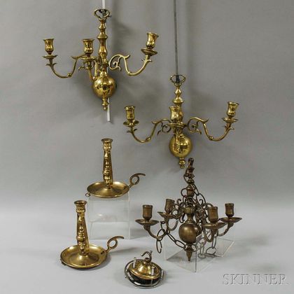 Pair of Gimbaled Candlesticks, a Pair of Brass Sconces, and a Brass Chandelier. Estimate $200-250