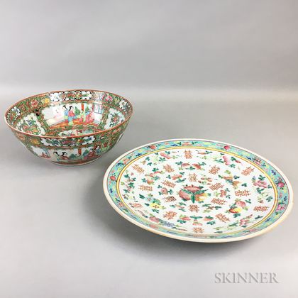 Enameled Charger and a Rose Medallion Punch Bowl