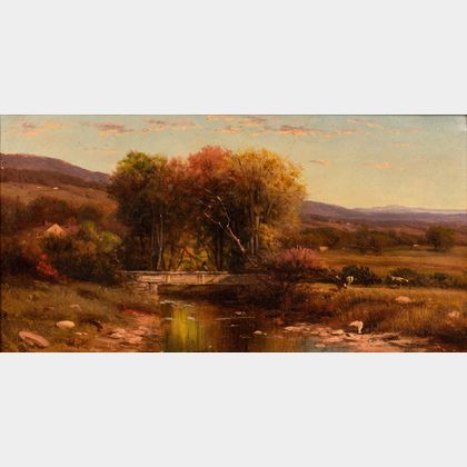 Attributed to Samuel Colman (American, 1832-1920) Autumn Vista with Figure Crossing a Bridge