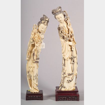 Two Large Asian Export Carved Ivory Figures of Ladies